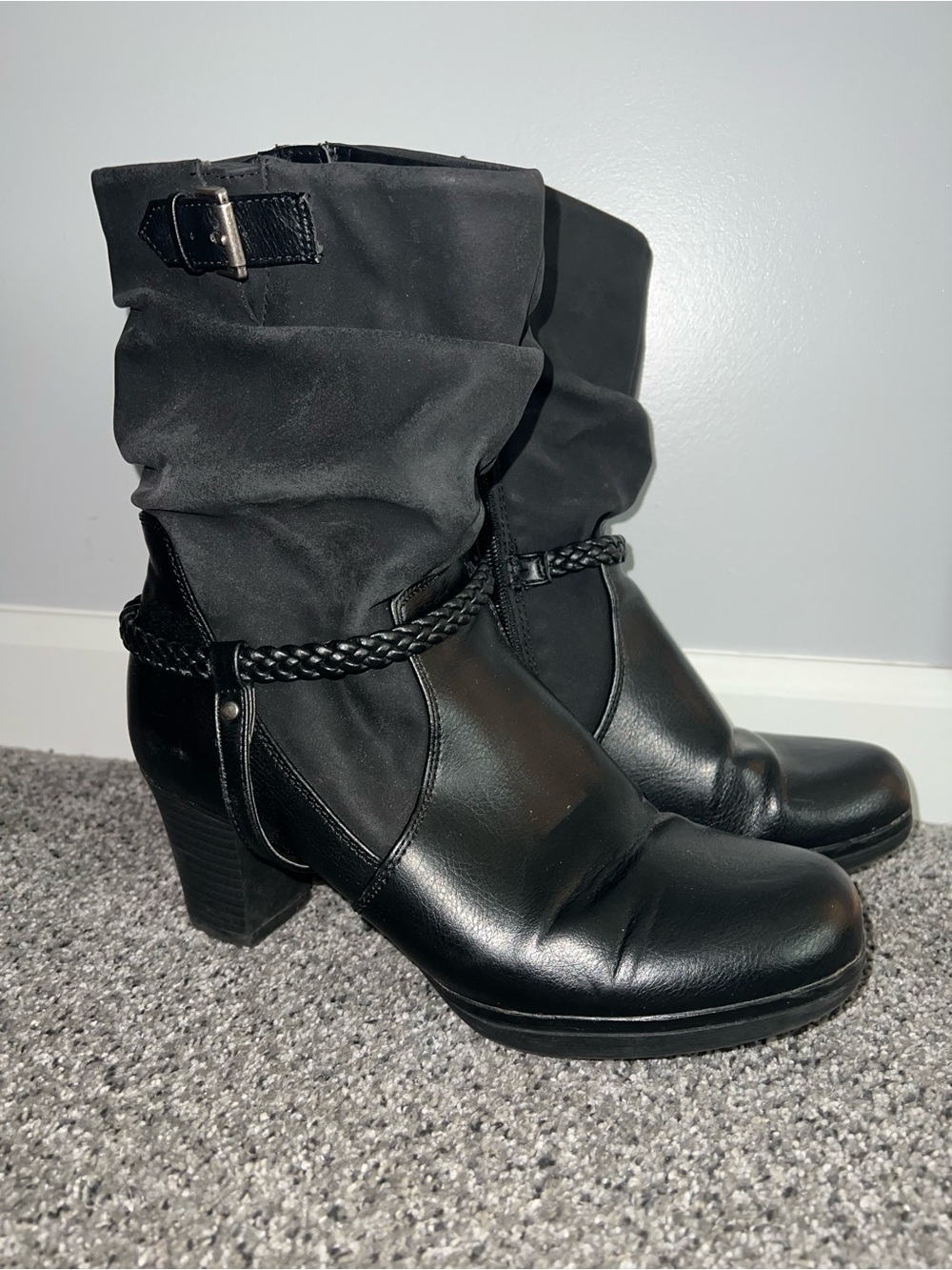 Life Stride Black Braided-Strap Slouchy Mid-Heel Ankle Boots